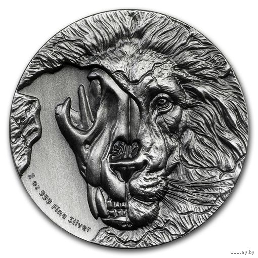 RARE Ниуэ 5 долларов 2018г. "Череп азиатского льва". Монета в капсуле; подарочном футляре; номерной сертификат + номер на гурте; коробка. СЕРЕБРО 62,20гр.(2 oz).