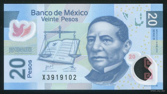 Мексика 20 песо 2012 г. P122r. Полимер. UNC