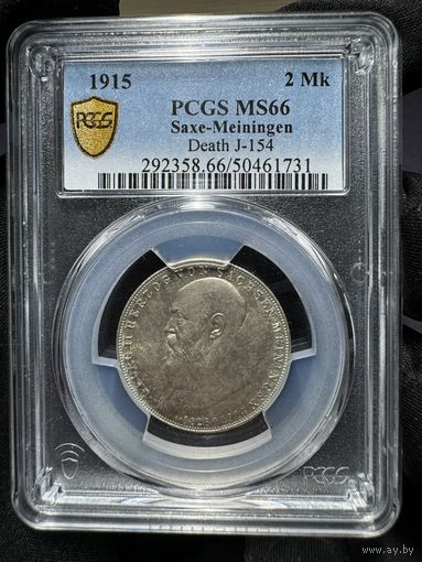 Германия 2 марки 1915 Саксен-Мейнинген Смерть Георга II PCGS MS66. Серебро