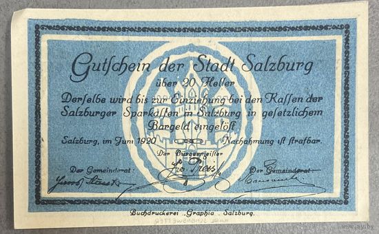 Нотгельд Австрия Зальцбург, 20 геллеров 1920 год