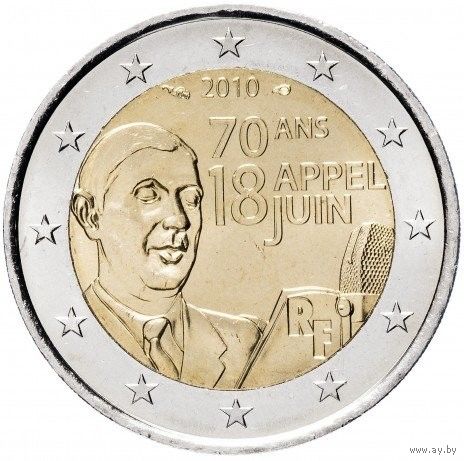 2 евро Франция 2010 70 лет речи Шарля де Голля UNC из ролла