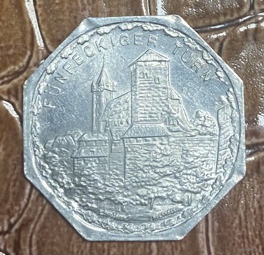 Германия Нюрнберг нотгельд 20 пфеннигов 1919 год. Пятиугольная башня. трамвайный жетон