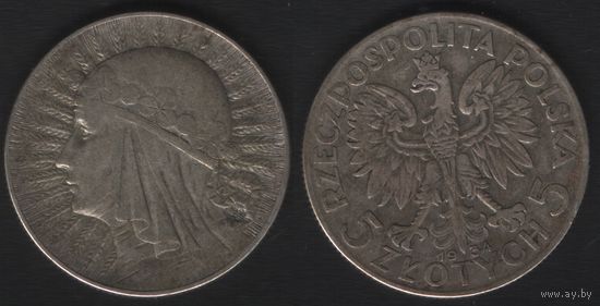 Польша y21 5 злотых 1934 год Ядвига торг