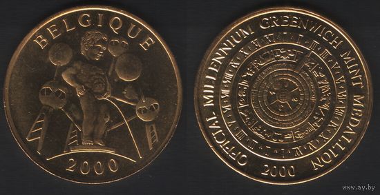 Belgique 2000 (мальчик)  -- Official Millennium Greenwich Mint Medallion 2000 (календарь) (38мм19,25гр) (f