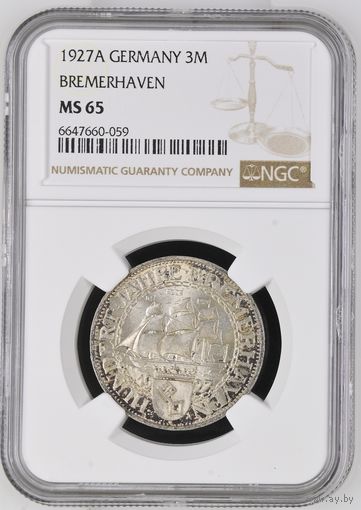Германия.Веймарская республика. 3 марки 1927 A. слаб NGC MS65