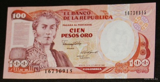 Колумбия 1986 (12 окт.) 100 песо оро UNC