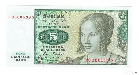 Германия ФРГ 5 марок 1980 года. Состояние UNC!