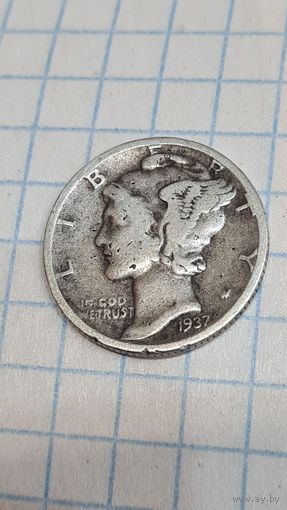 С 1 РУБЛЯ ! МОНЕТА 10 ЦЕНТОВ СЕРЕБРО США 1937 год