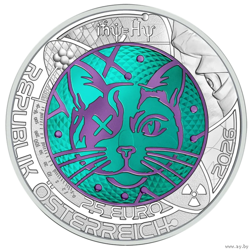 Австрия 25 евро 2026г. "Кот Шредингера. Квантовая физика". Монета в капсуле; подарочном футляре; номерной сертификат; коробка. СЕРЕБРО 9,0гр.; НИОБИЙ 6,5гр.