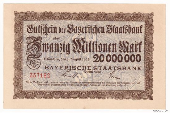 Германия Бавария Мюнхен 20000000 марок 1923 года. Состояние UNC-