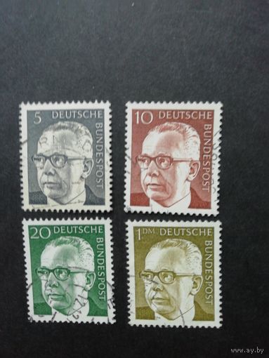 ФРГ 1970 Четыре марки из серии "Стандарт. Густав Хайнеман, Федеральный президент ФРГ" (гашеные без клея) Мi.635-637,644 каталог 1.30 евро