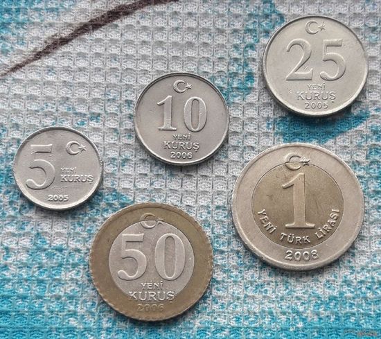 Турция набор монет 5, 10, 25, 50 куруш, 1 лира. UNC