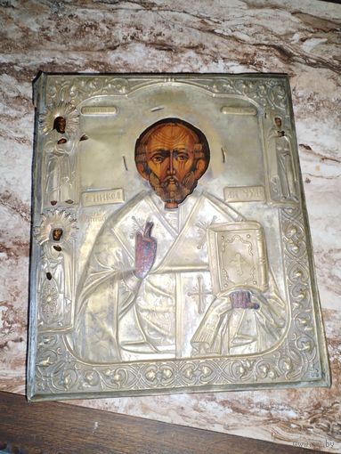 Икона старинная письмо  Николай Чудотворец с предстоящими святыми.