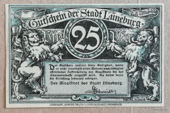 Германия 25 пфеннигов 1920 г Люнебург (Luneburg) L74.2b, UNC,