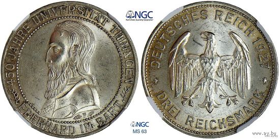 3 рейхсмарки 1927 г. F. Веймарская республика. Германия. NGC MS 63. 450 лет Тюбингенскому университету. Серебро. Очень редкие. 50 тыс. шт. КМ# 54