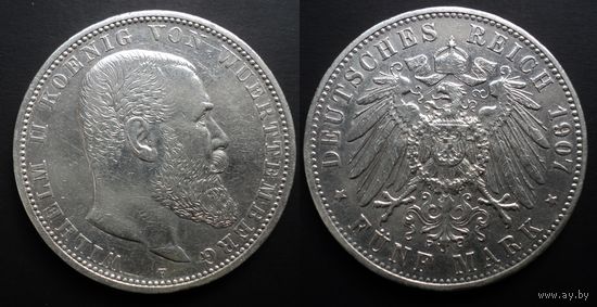 Вюртемберг (Германия, Империя) 5 марок 1907, серебро
