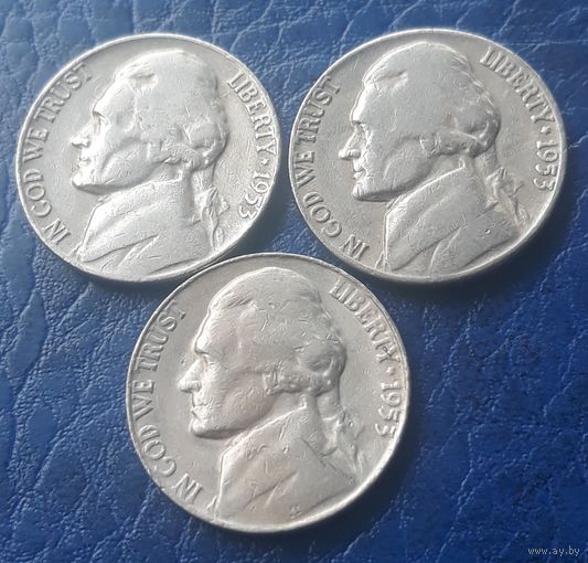 5 центов  1953 P D S США Джеферсон 3 монеты