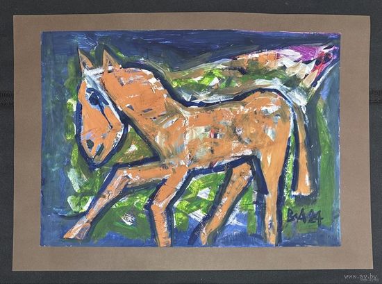 Акулов В.И "Любимая лошадка", 2024г.Бумага,акрил. Размер с паспарту 70х50 см.