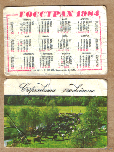 Календарь Страхование животных 1984