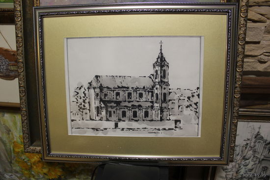 Авторская работа "Костел францисканцев в Гродно" размер по раме 40Х50, картон, карандаш, смешанная техника, оформлена, паспарту, подпись автора на обороте