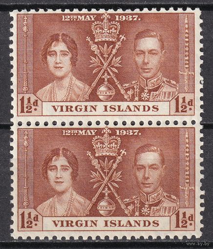 77.BrKS. Великобритания. Колонии.  Виргинские острова. Коронация Георга VI и Елизаветы. 1937 г. 1 1/2P. Mi.#70. Пара. MNH.
