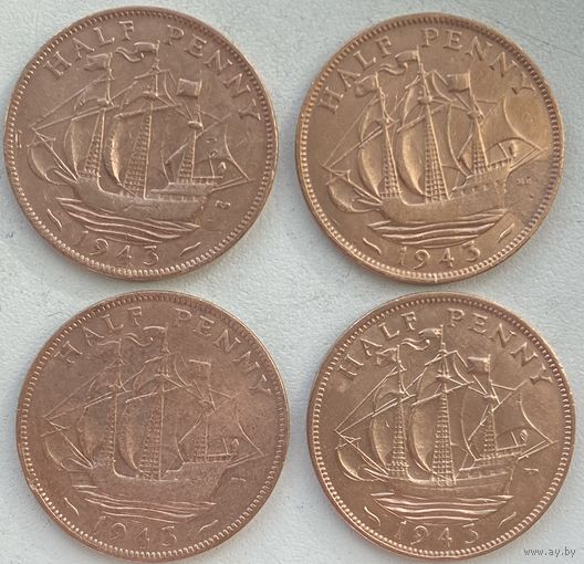 Великобритания 1/2 пенни 1943 г. Цена за 1 шт.