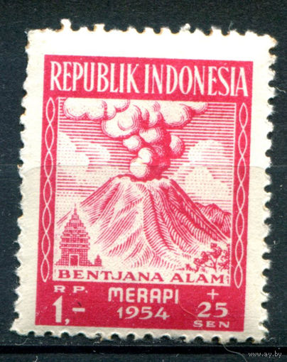 Индонезия - 1954г. - извержение вулкана, 1 R - 1 марка - MNH с пожелтевшим клеем и пузырьками [Mi 124]. #4-W2-125-A-2