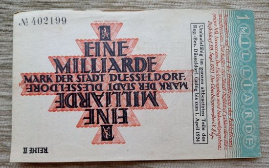 Werty71 ГЕРМАНИЯ 1 МИЛЛИАРД МАРОК 1923 банкнота 1000000000 ДЮССЕЛЬДОРФ