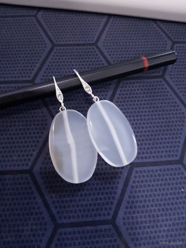 Серьги агаты прозрачные с фианитом, посеребренные