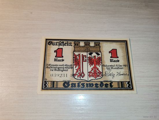 Нотгельд номиналом 1 марка , 1921 года, город Зальцведель, Германия.