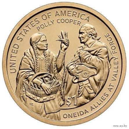1 доллар 2026 США Айова. Сакагавея, Индианка, Полли Купер – Индейцы онейда на Велли-Фордж UNC двор D