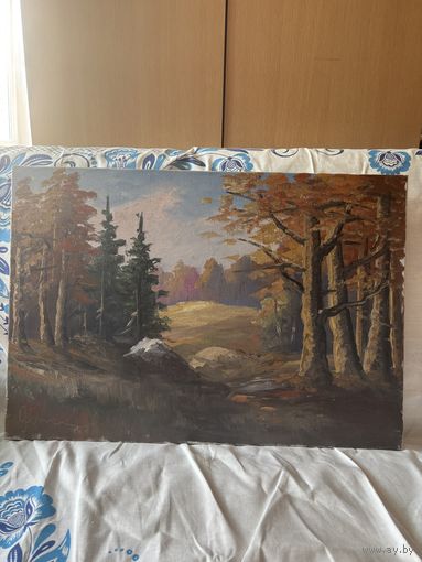 Картина холст масло лес осень подпись художника