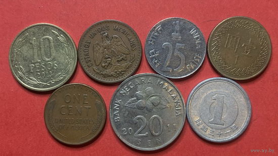 Весь мир без Европы, 7 разных монет из 7 стран - 2