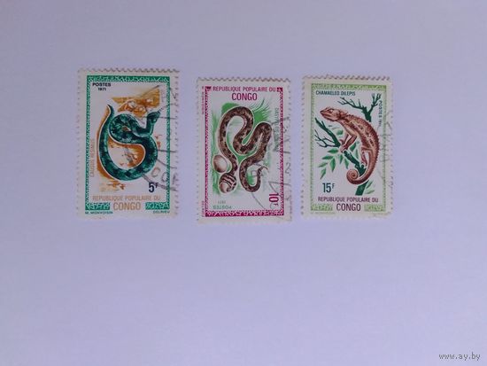 Марки   Змеи  Конго 1971г  3  шт