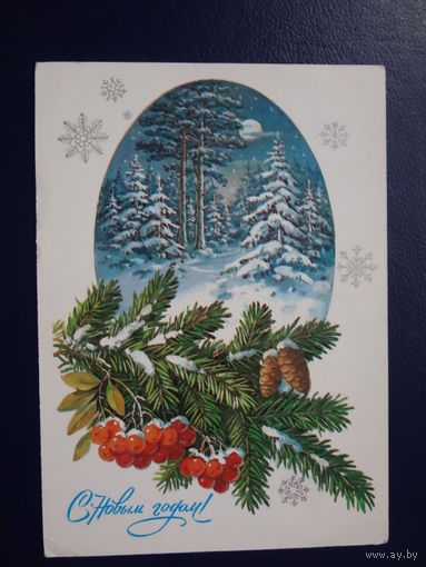 С Новым годом!  1986 г.  Зимний лес ночью, снежинки.  чистая.