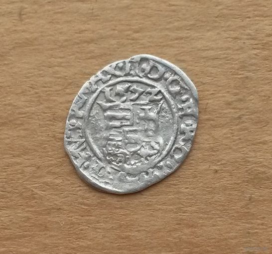 Венгрия (Габсбурги), денарий 1572 г., Максимилиан II (1563-1576), серебро