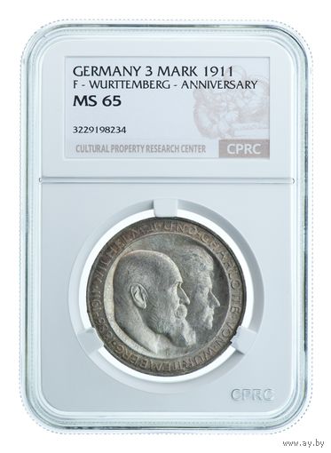 Германия. 3 марки 1911 F слаб CPRC MS65 Top Grade.