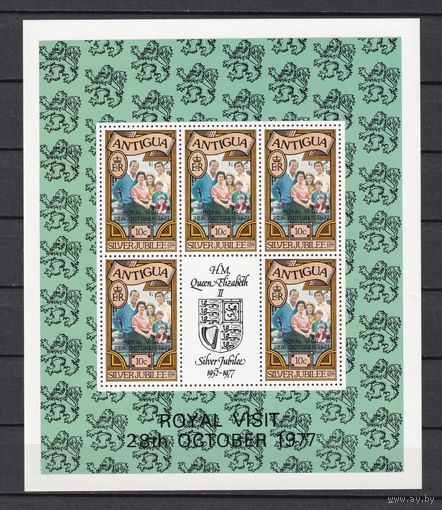 5. BrKS. Великобритания. Колонии. Антигуа. Серебряный юбилей Елизаветы II. Надпечатка. Королевский визит 28 октября 1977 г. 10C. Mi.#473C. Малый лист. MNH. (Формат - 17 см. Х 14,5 см.).