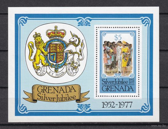 16.BrKS. Великобритания. Колонии. Антигуа. Серебряный юбилей Елизаветы II. Надпечатка. Королевский визит 1977 г. 5 $. Mi.#856. Block 66. MNH.
