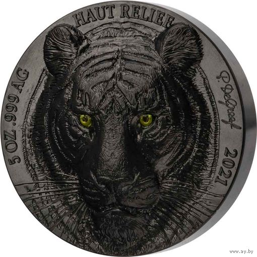 Кот-Д'Ивуар 5000 франков 2021г. "Большая пятерка Азии: Тигр". Монета в капсуле, шикарном деревянном подарочном футляре; номерной сертификат; номер монеты на гурте; коробка. СЕРЕБРО 155,50гр.(5 oz).