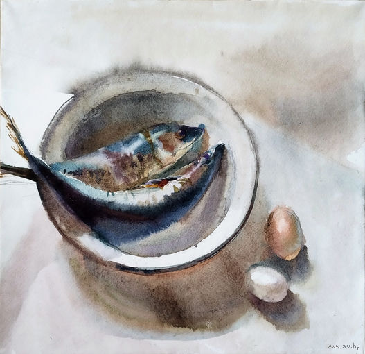"Натюрморт с рыбой". Акварельная живопись.