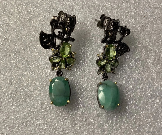 Серьги висюльки Изумруд природный Серебро 925 позолота Авторская работа