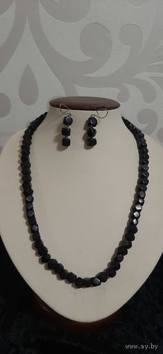 Комплект СССР колье+серьги, натуральный камень черног цвета