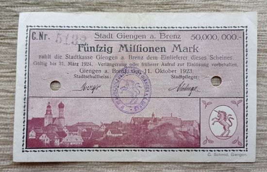 Werty71 Германия Веймар 50000000 марок 1923 банкнота 50 миллионов гроссгельд Бренц Гашение