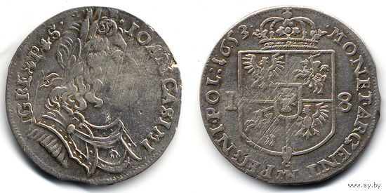 Орт (1/4 талера) 1653 MW, Ян II Казимир Ваза, Всхов. Редкий вариант сочетания штемпелей аверса и реверса!