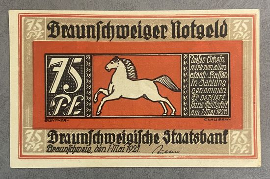 Нотгельд Брауншвейг 75 пфеннигов 1921 год. Веймарская республика