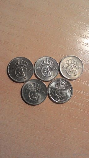 Швеция, сборный лот 10 эре 1965, 1968, 1970, 1971, 1989 годов.