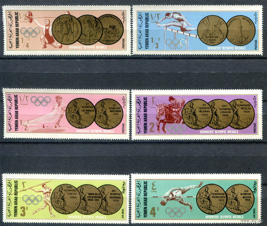 Северный Йемен - 1968г. - Золотые медалисты Летних Олимпийских игр - полная серия, MNH, 3 марки с незначительным дефектом клее, 1 с маленькой полосочкой на клее [Mi 796-801] - 6 марок