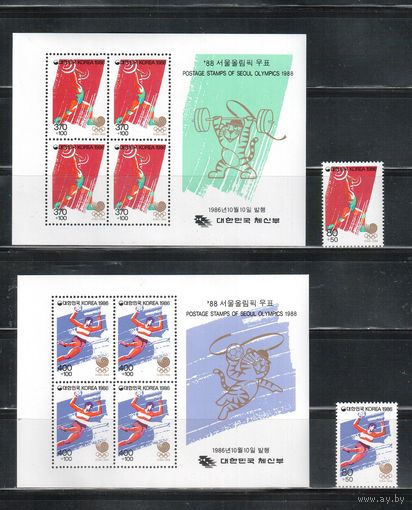 Корея Южная-1986,(Мих.1477-1478,Бл.523-524) **, Спорт, ОИ-1988 в Сеуле, (полная серия)