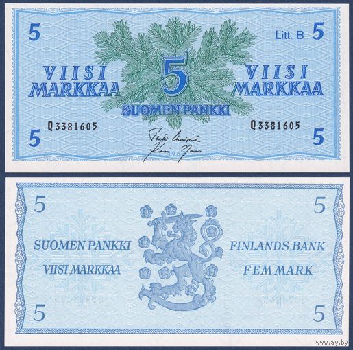 Финляндия, 5 марок 1963 г., P-106Aa(21) (Q, Litt. B, хвойная ветка), UNC